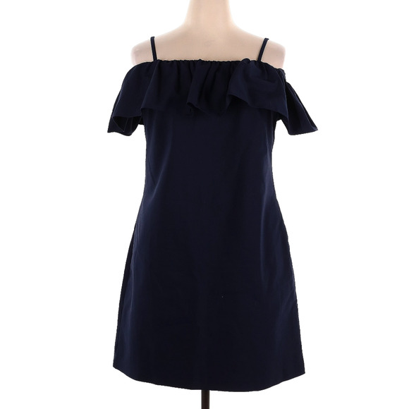 Lauren Ralph Lauren Navy Off-the-Shoulder Ruffle Neck Cocktail Dress 14 Preppy - Picture 1 of 7